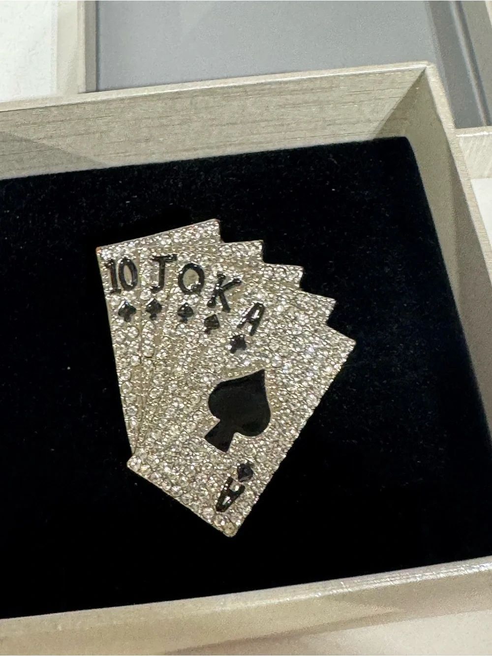 Rhinestone Playing Cards Pin Brooch - Silver and Black